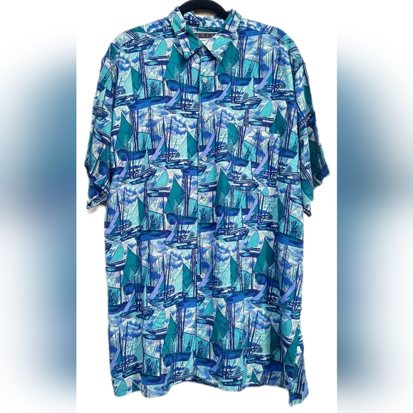 Vintage 90's Baxter International Men's Sailboat Pattern S/S Button Up, Size L - Picture 1 of 6